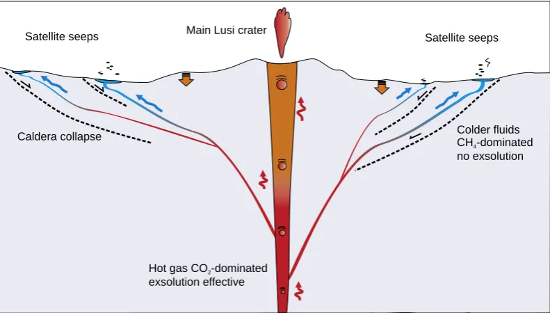 Fig. 8. Cartoon not to scale of the shallow plumbing system at Lusi site. Thethat the CODuring the fast rise from units with high T and P, the ﬂuids rising through the main conduit have high temperature (at least 100 °C) and are CO2 dominated