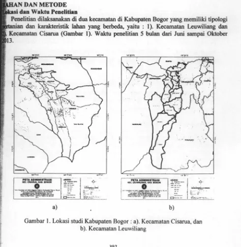 Gambar I. Lokasi studi Kabupaten Bogor : a). Kecamatan Cisarua, dan 