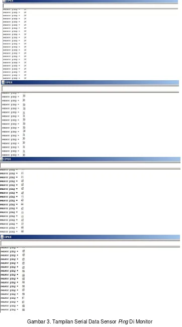 Gambar 3. Tampilan Serial Data Sensor Ping Di Monitor 