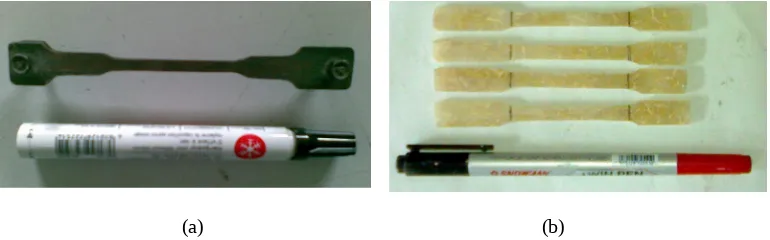 Fig. 1. a) Steel mould for making the tensile testing sample, b) Coir fiber reinforced composite in form of tensiletesting sample