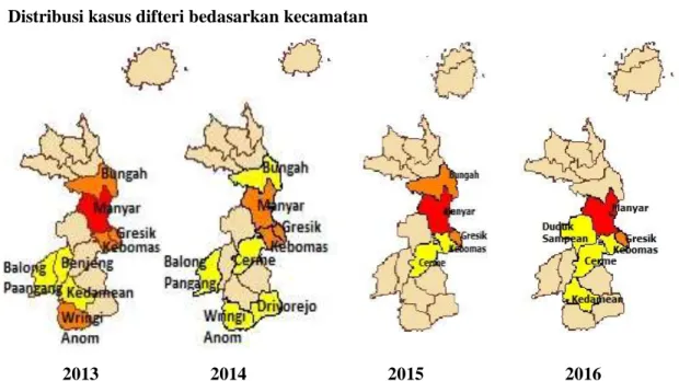 Gambar 3. Distribusi Kasus  Suspek  Difteri  Menurut Kecamatan Di Dinas Kesehatan Kabupaten  Gresik Tahun 2013-2016 Bulan Februari 