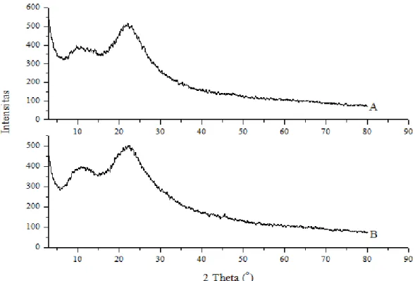 Gambar 2. Hasil difraktogram sinar-X; A. SG-ASK dan B. SG-ASP  Gambar  2  menunjukkan  bahwa  pola 
