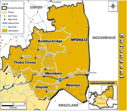 Figure 2: Map of Ehlanzeni showing its constituent local Municipalities and neighbouring countries: Ehlanzeni District Municipality GIS Unit (2010) 