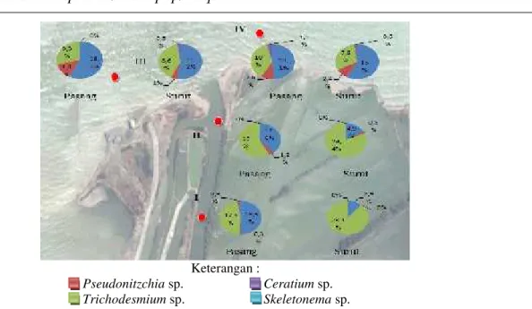 Gambar 2. Persentase Kelimpahan Tiap Genus Fitoplankton HABs di Setiap Titik Sampling Saat Pasang dan Surut