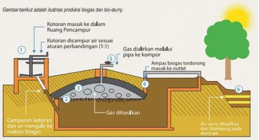 Gambar  2. Skema instalasi biogas (Badan Litbang Pertanian, 2011) 