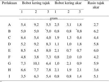 Tabel 6. Data bobot kering tajuk, bobot kering akar tanaman sengon dan rasio tajuk akar tanaman sengon umur 4 minggu sampai 13 minggu  