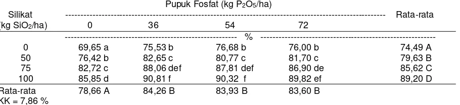 Tabel 6.  Pengaruh pemberian silikat dan pupuk fosfat terhadap persentase gabah bernas per  malai tanaman padi gogo pada Ultisol 