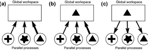 Fig. 1. Abstract global workspace architecture. (a) Three parallel processescompete to place their information in the global workspace (the arrows indicatetransmission of information from parallel processes to the global workspace).The competition between 