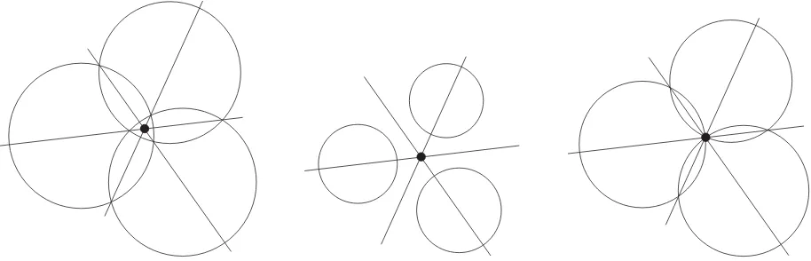 Fig. 4.Black point is the power center of three circles for various conﬁgurations. It is the unique point having the same power with respect to the three circles.The power center is the intersection of the three power lines.