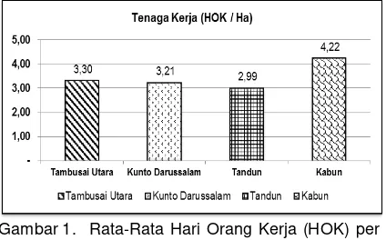 Gambar 1. Rata-Rata Hari Orang Kerja (HOK) per Ha Perkebunan Kelapa Sawit pada Empat Kecamatan di Kabupaten Rokan Hulu 