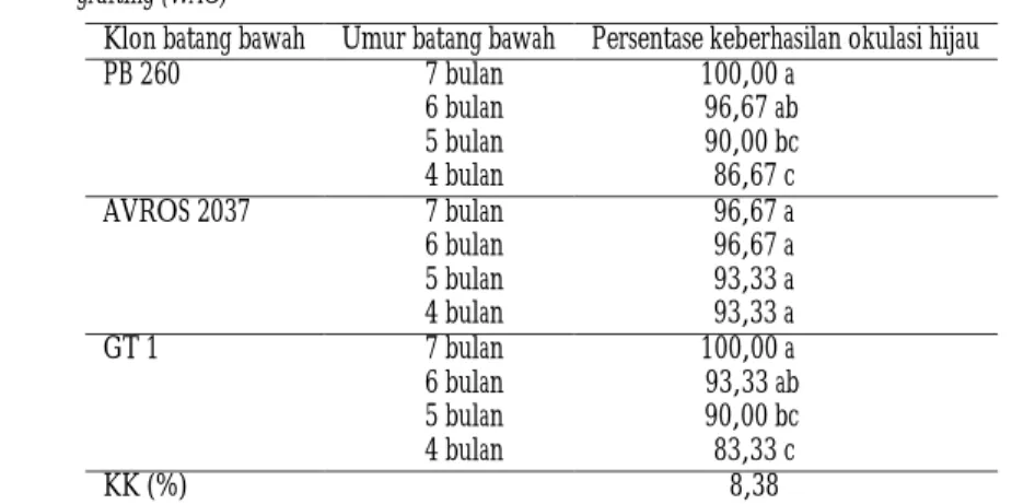Tabel 1.   Pengaruh perbedaan umur terhadap persentase keberhasilan okulasi hijau tiga klon karet pada  3 minggu  setelah okulasi (MSO) 