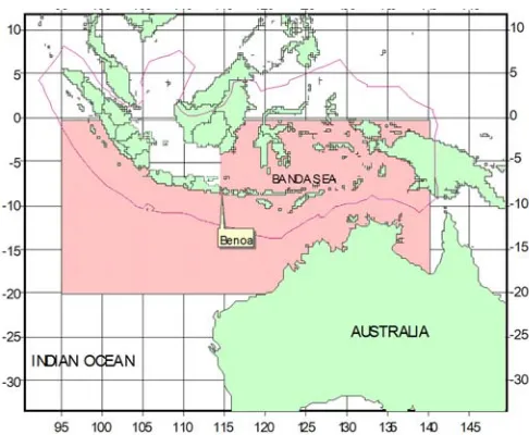 Figure 1.Map of the P.T. Perikanan Samodra Besar vessel setting positions (indicated in red shading)