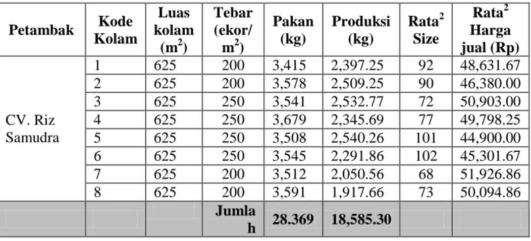 Tabel 4.2. Data Produksi Tambak Sistem Superintensif di CV. Riz  Samudra  Petambak  Kode  Kolam  Luas  kolam  (m 2 )  Tebar (ekor/m2)  Pakan (kg)  Produksi (kg)  Rata 2Size  Rata 2  Harga  jual (Rp)  CV