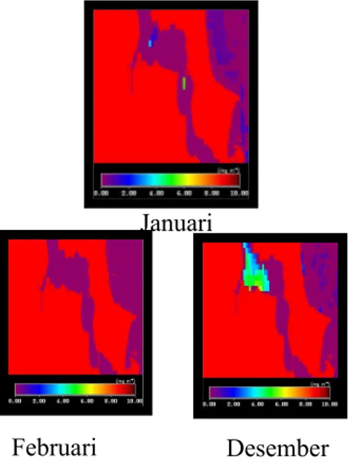 Gambar 4. Sebaran konsentrasi klorofil-a di Perairan Selat Bangka pada Musim Barat, Tahun 2009 (Bulan Januari, Februari, dan Desember)