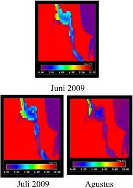 Gambar 2. Sebaran konsentrasi klorofil-a di Perairan Selat Bangka pada Musim Peralihan I, Tahun 2009 (Bulan Maret, April, dan Mei)
