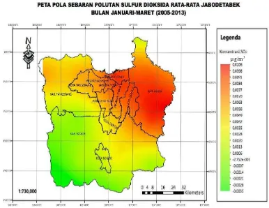 Gambar 5 Peta Pola Sebaran SO2 di Wilayah Jabodetabek Periode Januari-Maret 2005-2013 
