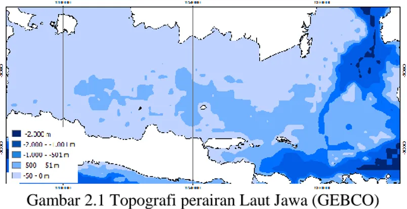 Gambar 2.1 Topografi perairan Laut Jawa (GEBCO) 