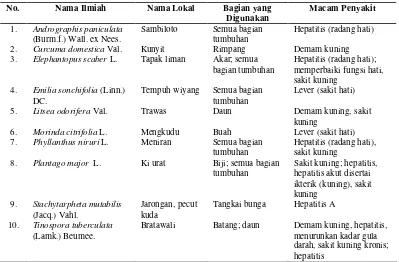 Tabel 38 Contoh 10 (sepuluh) jenis tumbuhan obat di Kabupaten Cianjur yang dapat digunakan untuk mengobati penyakit kuning 