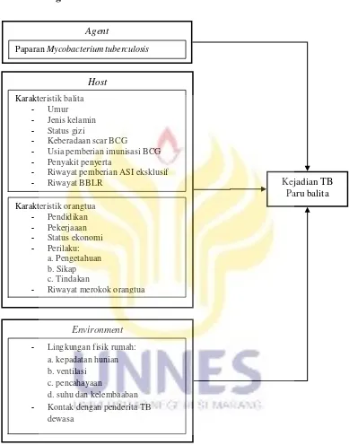 Gambar 2.1. Kerangka Teori Faktor-Faktor Risiko yang Berhubungan dengan  Kejadian TB Paru Balita (Sumber: Modifikasi Haq et al (2010); Heriyani (2012); Karim et al (2012); Kuswantoro (2002); Nguyen et al (2009); Rakhmawati dkk (2009); Soborg et al (2011); Wiharsini (2013))  