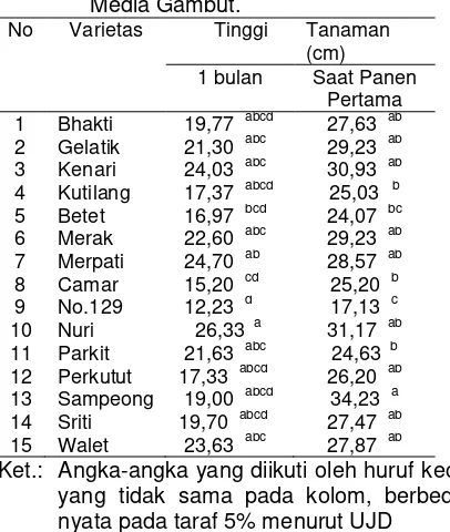 Tabel 2. Rerata Tinggi Tanaman (cm) pada Berbagai Varietas Kacang Hijau  di Media Gambut