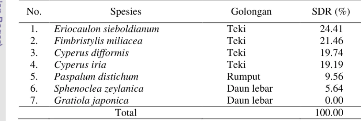 Tabel 3. Analisis vegetasi gulma pada awal  pengamatan gulma (2 MST) 