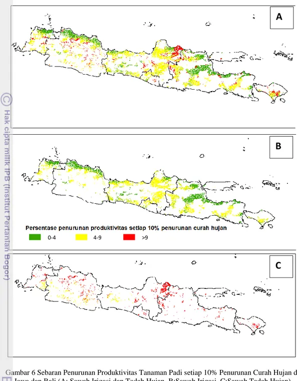 Gambar 6 Sebaran Penurunan Produktivitas Tanaman Padi setiap 10% Penurunan Curah Hujan di  Jawa dan Bali (A: Sawah Irigasi dan Tadah Hujan, B:Sawah Irigasi, C:Sawah Tadah Hujan)  Merujuk pada Gambar 6 bagian  A dapat 