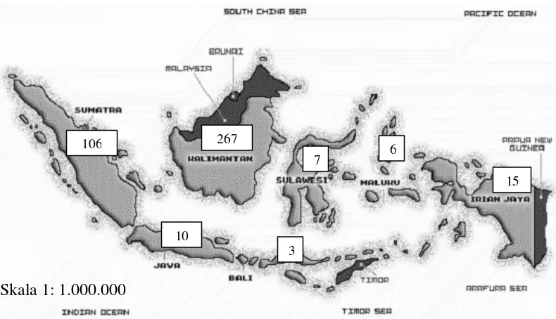 Gambar 1  Distribusi Dipterocarpaceae di Indonesia. Jumlah total jenis dalam                       setiap pulau  menurut Ashton (1982)