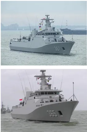 Gambar 1. KRI Sultan Iskandar Muda (367)  (kiri) dan KRI Diponegoro 365 (kanan),   Kapal perang jenis korvet kelas SIGMA 