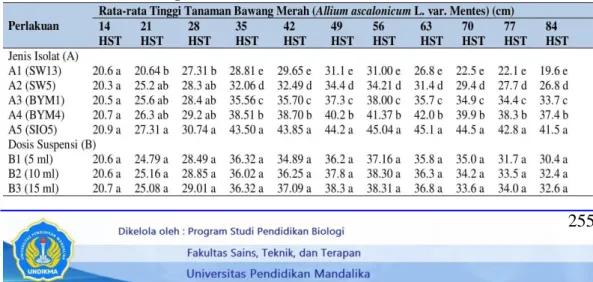 Tabel 3.  Hasil Analisis Pengaruh Perlakuan Jenis Isolat dan Dosis Suspensi terhadap Tinggi  Tanaman Bawang Merah (Allium ascalonicum L