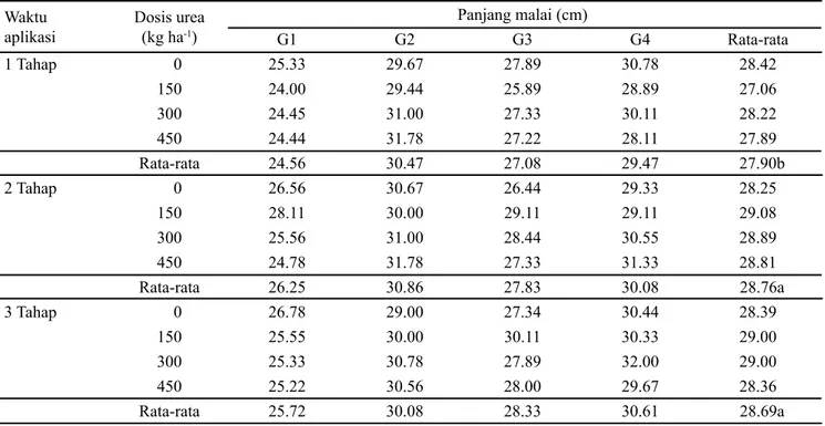 Tabel 4. Panjang malai berdasarkan pengaruh dosis dan waktu aplikasi pupuk N di Kebun Percobaan Babakan, Bogor MH  2015/2016