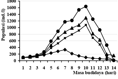 Gambar 1. Perkembangan Populasi Daphnia sp dengan Perlakuan yang Berbeda. Ra-gi 1: 1 g untuk 80 000 Daphnia sp Ra-gi 2: 1 g untuk 40 000 Daphnia sp  Ra-gi 3: 1 g untuk 20.000 Daphnia sp