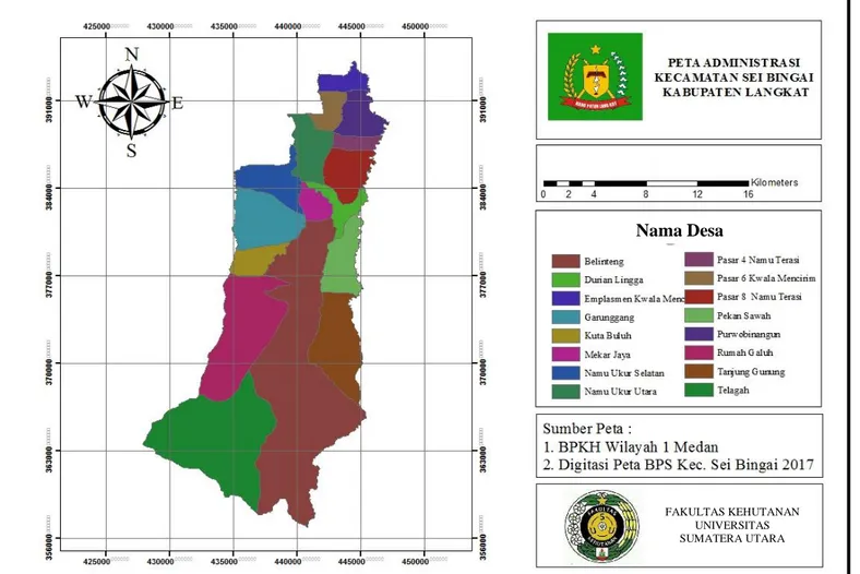 Gambar 1. Peta Administrasi Kecamatan Sei Bingai Kabupaten Langkat  Nama Desa  FAKULTAS KEHUTANAN UNIVERSITAS SUMATERA UTARA  18