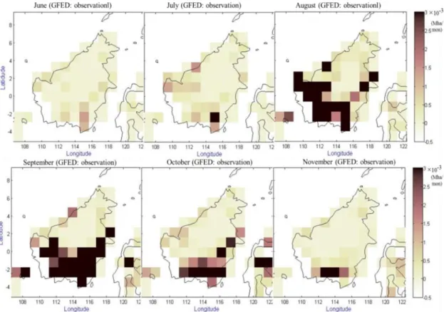 Gambar 3 Distribusi spasial historis luas karhutla di Kalimantan berdasarkan data GFED (Mha/bulan) 