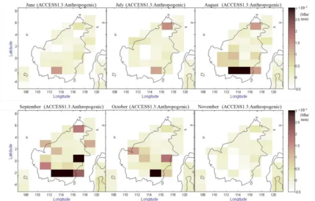Gambar 1 Distribusi spasial antropogenik luas karhutla di Kalimantan berdasarkan   Model ACCEESS 1.3 (Mha/bulan)