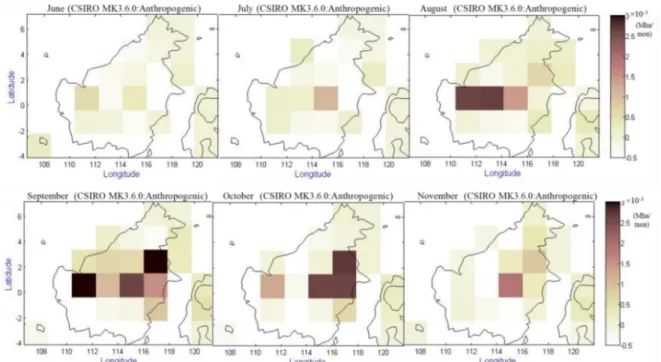 Gambar 7 Distribusi spasial antropogenik luas karhutla di Kalimantan berdasarkan   Model CSIRO MK3.6.0 (Mha/bulan) 