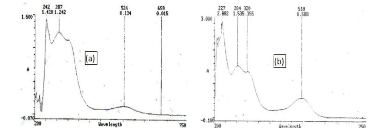 Gambar 1. Hasil scanning sampel dalam larutan buffer KCl pH 1,0 (a) dan NaAsetat pH 4,5 (b) pada λ 200- 200-750 nm 
