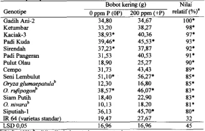 Tabel 4. Bobot kering tajuk genotipe padi sangat tenggang pada dua dosis pemupukan P di tanalt sawalt