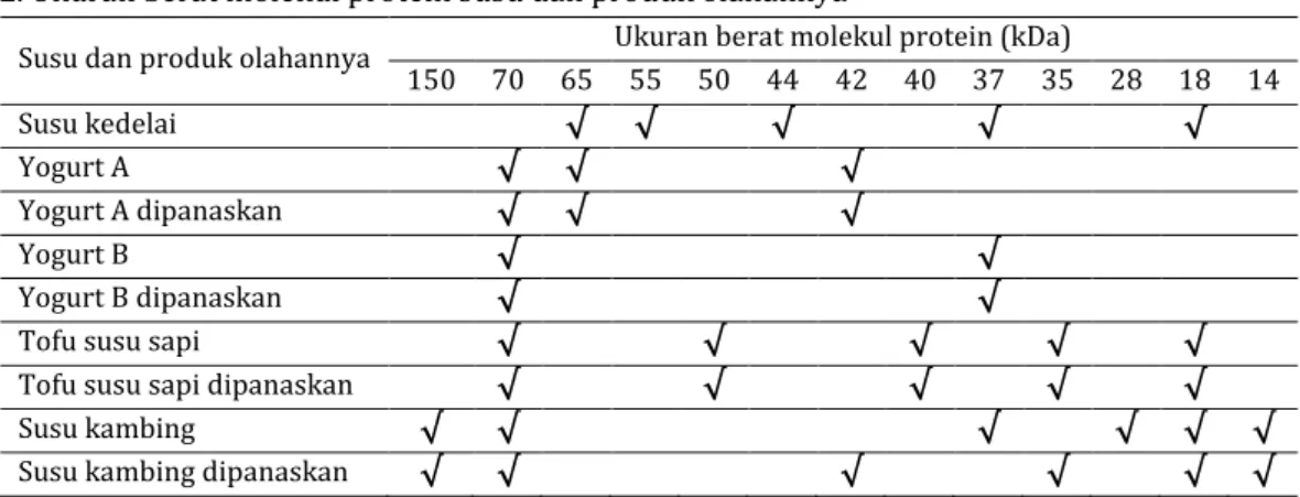 Tabel 1 . Ukuran berat molekul protein susu dan produk olahannya  