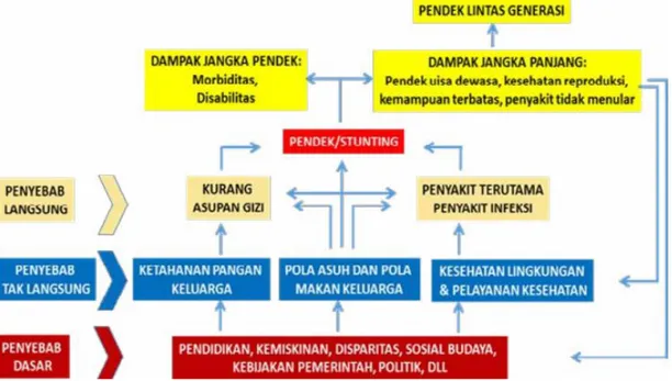 Gambar  1.  Kerangka  pembahasan  pendek  (stunting)  di  Indonesia,  dimodifikasi  dari Logical framework of the nutritional problems (UNICEF, 2013) 