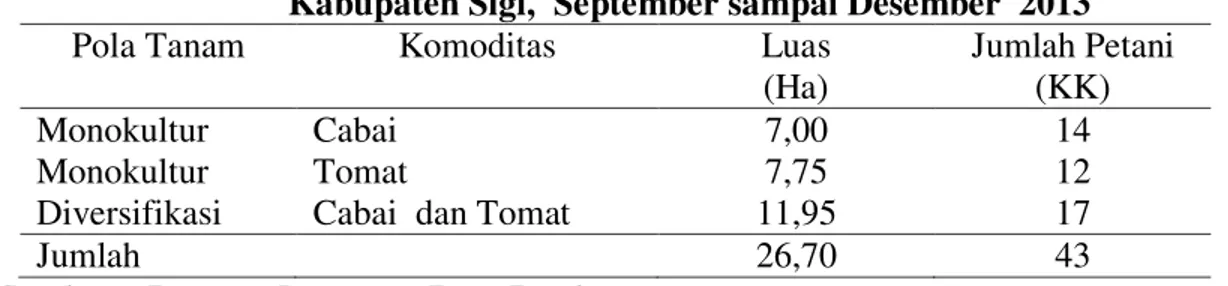 Tabel  1.   Pola Tanam  Cabai dan Tomat di Desa Pembewe, Kecamatan  Biromaru,  Kabupaten Sigi,  September sampai Desember  2013 
