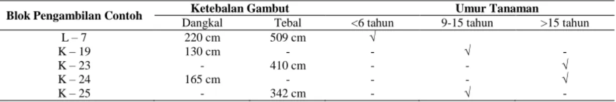 Tabel 2. Blok sampling, ketebalan gambut dan umur tanaman 
