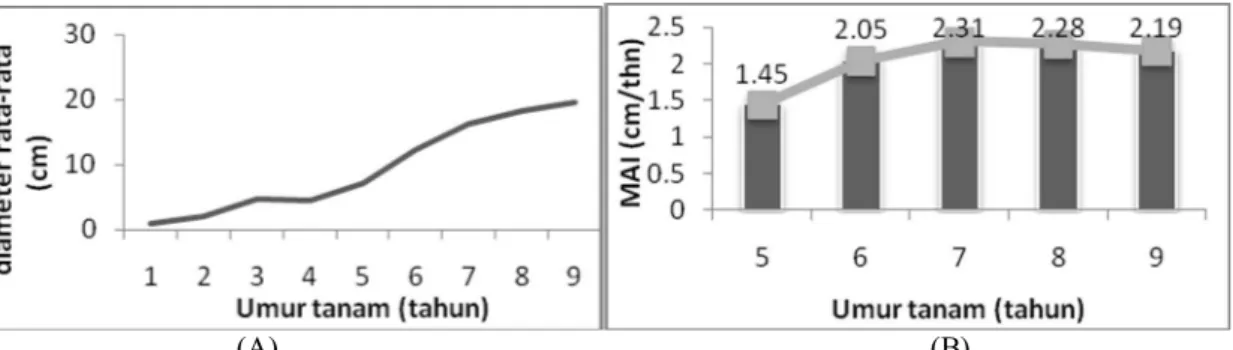 Gambar 1. Kurva pertumbuhan  diameter S. Leprosula. Ket: (A)  Kurva pertumbuhan S.leprosula umur 1-9 tahun;  dan (B) Grafik riap diameter rata-rata tahun berjalan(MAI) S