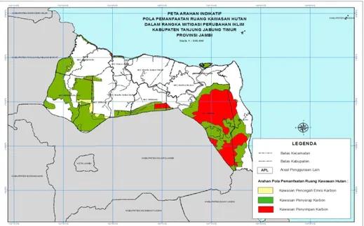 Gambar 5.  Peta arahan indikatif pola pemanfaatan ruang kawasan hutan untuk mitigasi perubahan iklim di Kabupaten 