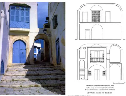 Gambar 2. 6 Detail Arsitektural Bangunan di Sidi Bou Said (The Aga Khan Award of architecture)  Semua kayu eksterior termasuk pintu, bingkai  jendela dan kisi, dicat biru  langit