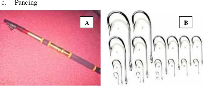 Gambar 10 Pancing; tongkat pancing (A) dan berbagai macam mata kail (B)