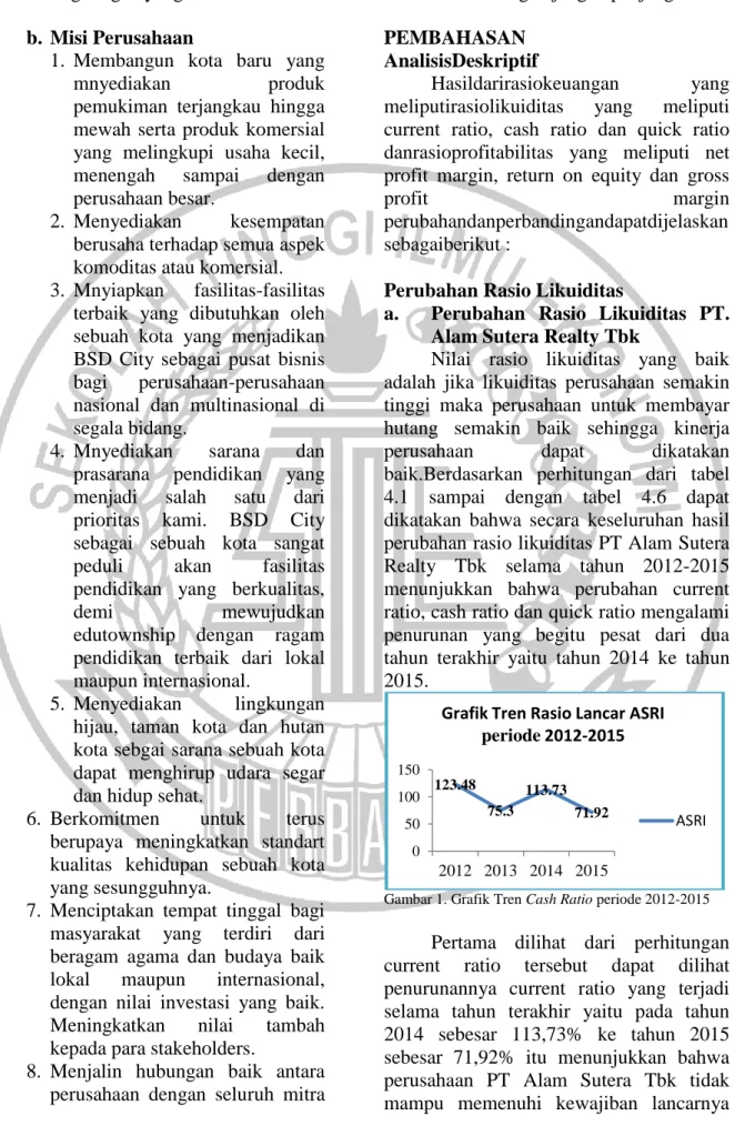 Gambar 1. Grafik Tren Cash Ratio periode 2012-2015  Pertama  dilihat  dari  perhitungan  current  ratio  tersebut  dapat  dilihat  penurunannya  current  ratio  yang  terjadi  selama  tahun  terakhir  yaitu  pada  tahun  2014  sebesar  113,73%  ke  tahun  