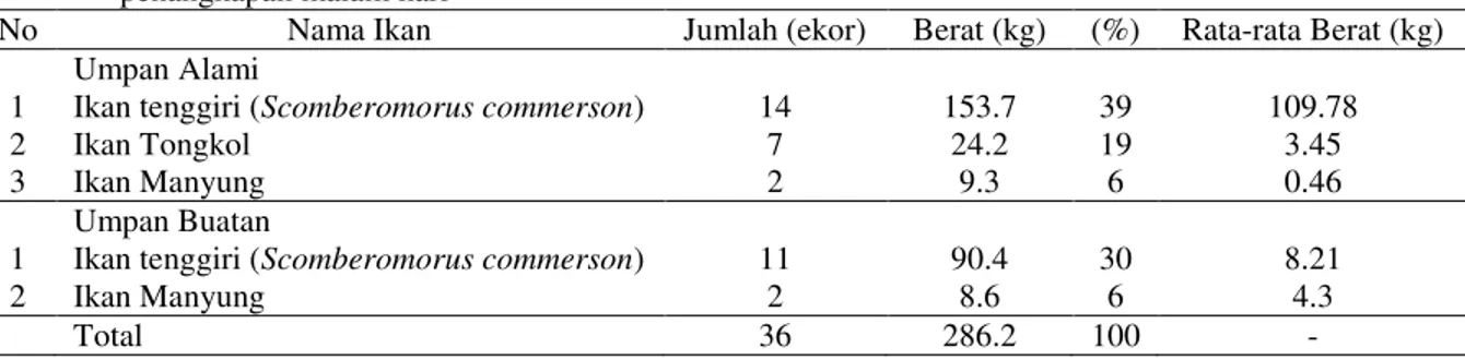Tabel  5.  Hasil  tangkapan  ikan  tenggiri  (Scomberomorus  commerson)  umpan  alami  dan  buatan  waktu  penangkapan malam hari  