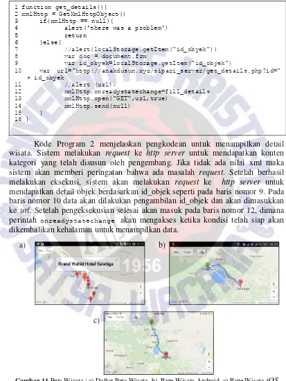 Gambar 11 Peta Wisata : a) Daftar Peta Wisata, b)  Rute Wisata Android, c) Rute Wisata iOS 