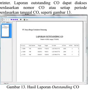 Gambar 13. Hasil Laporan Outstanding CO  Laporan  outstanding  PO  berfungsi  untuk  menampilkan  data  outstanding  PO  atau  sisa  order  PO,  baik  melalui  monitor  maupun  hasil  cetak  printer