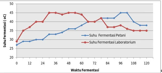 Gambar 1.  Perubahan Suhu Biji Kakao Fermentasi Petani dan Laboratorium 